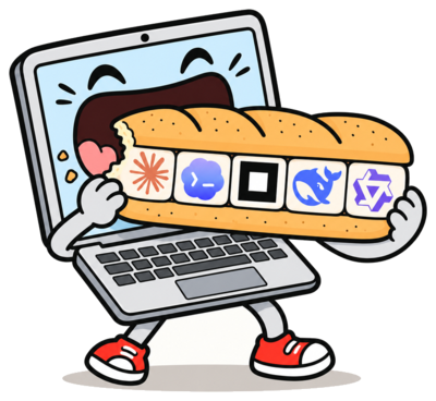 A laptop eating a sub filled with AI logos
